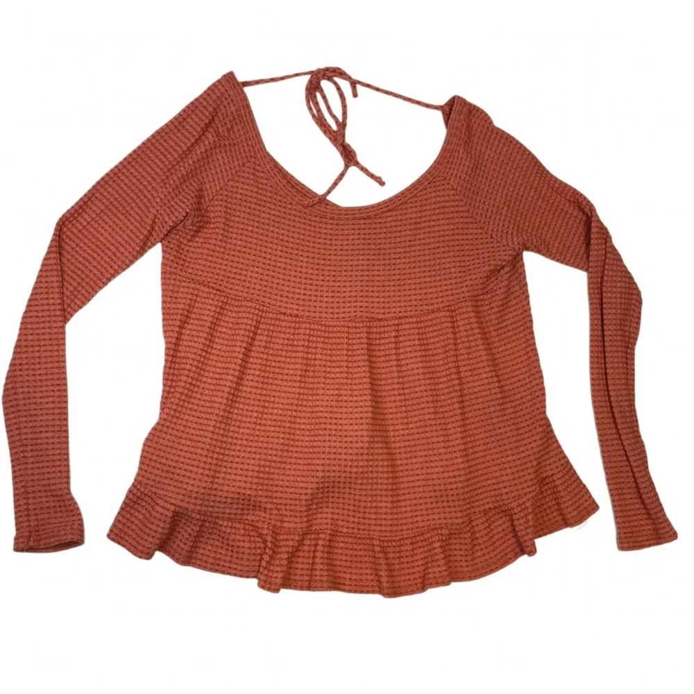 Peach Love California Thermal Waffle Knit Peplum Ruffle Tie-Back Top Women's S - Picture 6 of 6